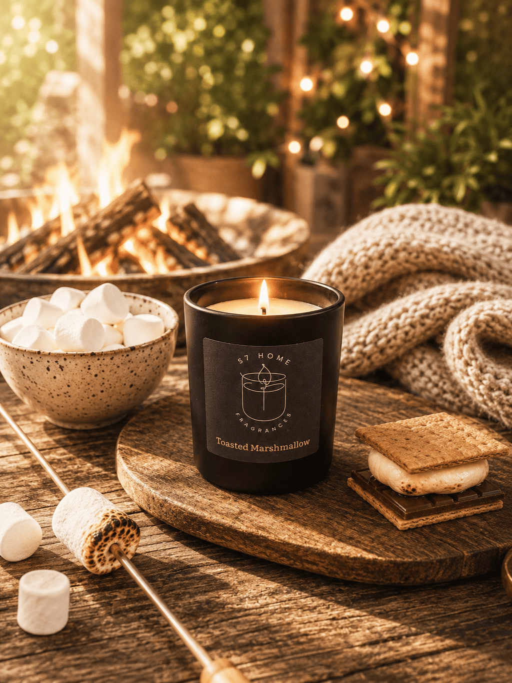 A black candle jar labeled 'S7 Home Fragrances' and 'Toasted Marshmallow' sits on a wooden board in a cozy campfire setting with marshmallows, a fire pit, and a knitted blanket.