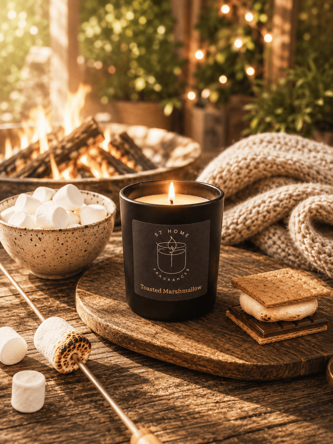 A black candle jar labeled 'S7 Home Fragrances' and 'Toasted Marshmallow' sits on a wooden board in a cozy campfire setting with marshmallows, a fire pit, and a knitted blanket.