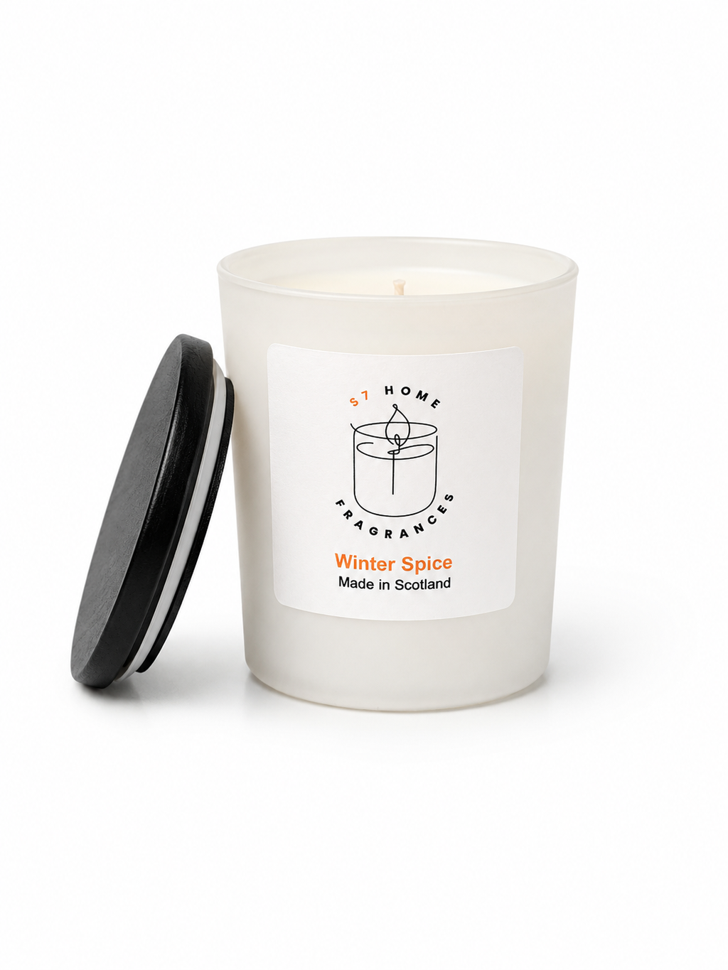 Winter Spice soy candle in a white glass jar with black wooden lid on a white background, S7 Home Fragrances