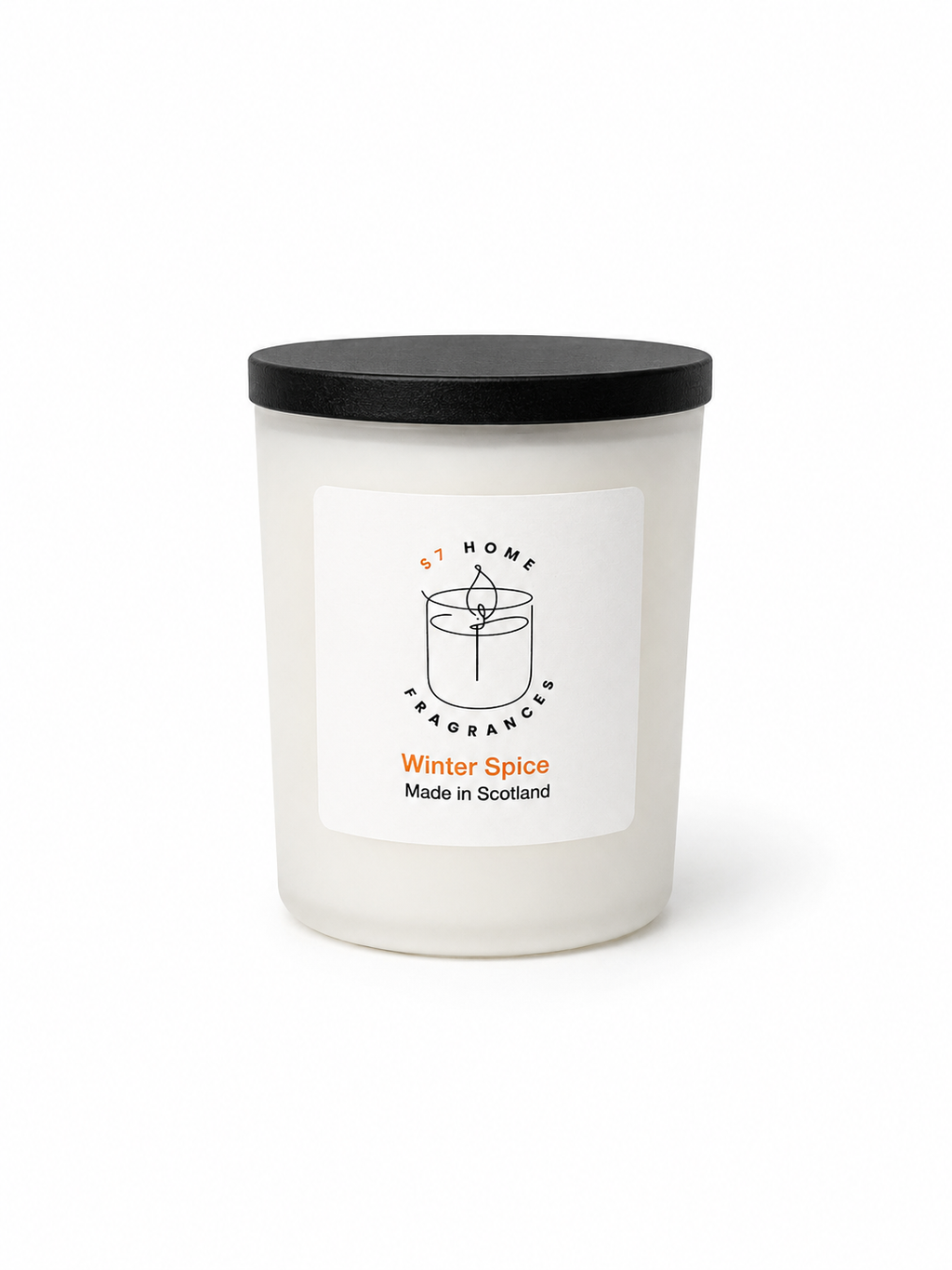 Winter Spice candle in a white jar with a white label and black wooden jar topper on a white background