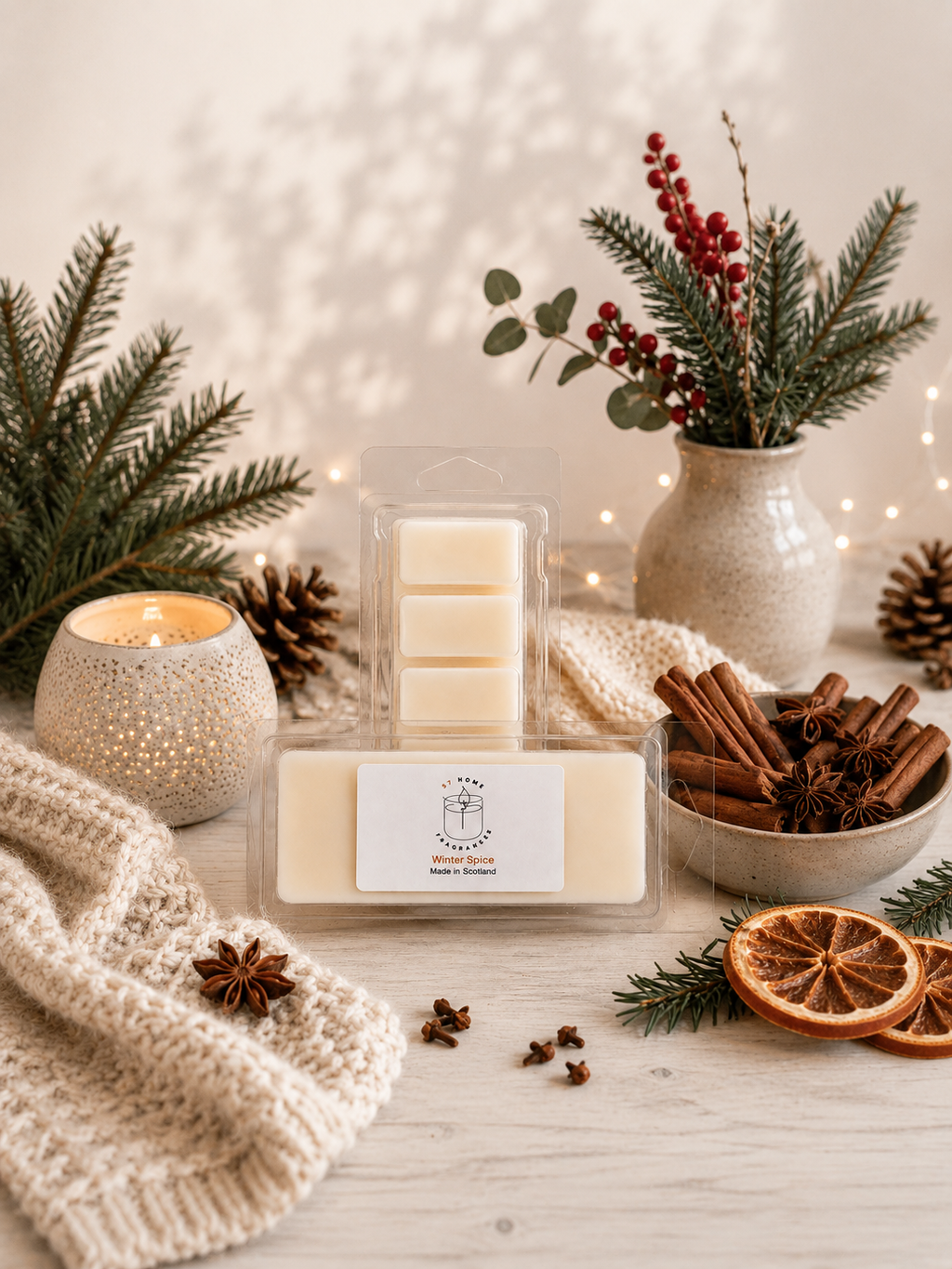 A packaged wax melt set displayed on a light wood surface with holiday styling, including pine branches, a lit candle, cinnamon sticks, dried orange slices, and a knitted cream scarf. The product consists of cream-colored wax melts in clear plastic packaging with white labels.