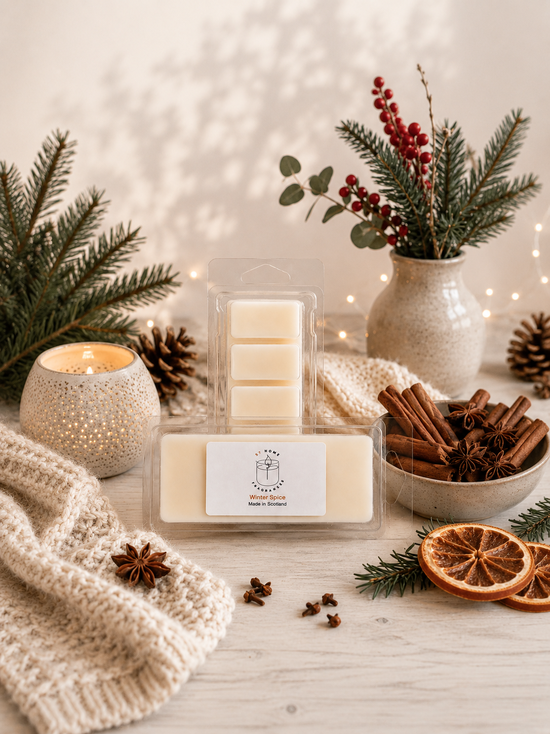 A packaged wax melt set displayed on a light wood surface with holiday styling, including pine branches, a lit candle, cinnamon sticks, dried orange slices, and a knitted cream scarf. The product consists of cream-colored wax melts in clear plastic packaging with white labels.