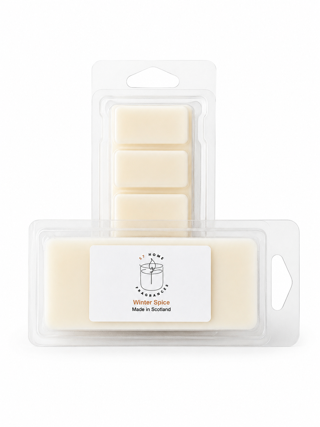 Two wax melts packages in clear plastic clamshell packaging on a white background. The front package is labeled 'S7 Home Fragrances', 'Winter Spice' and 'Made in Scotland' and contains five cream-colored wax blocks.