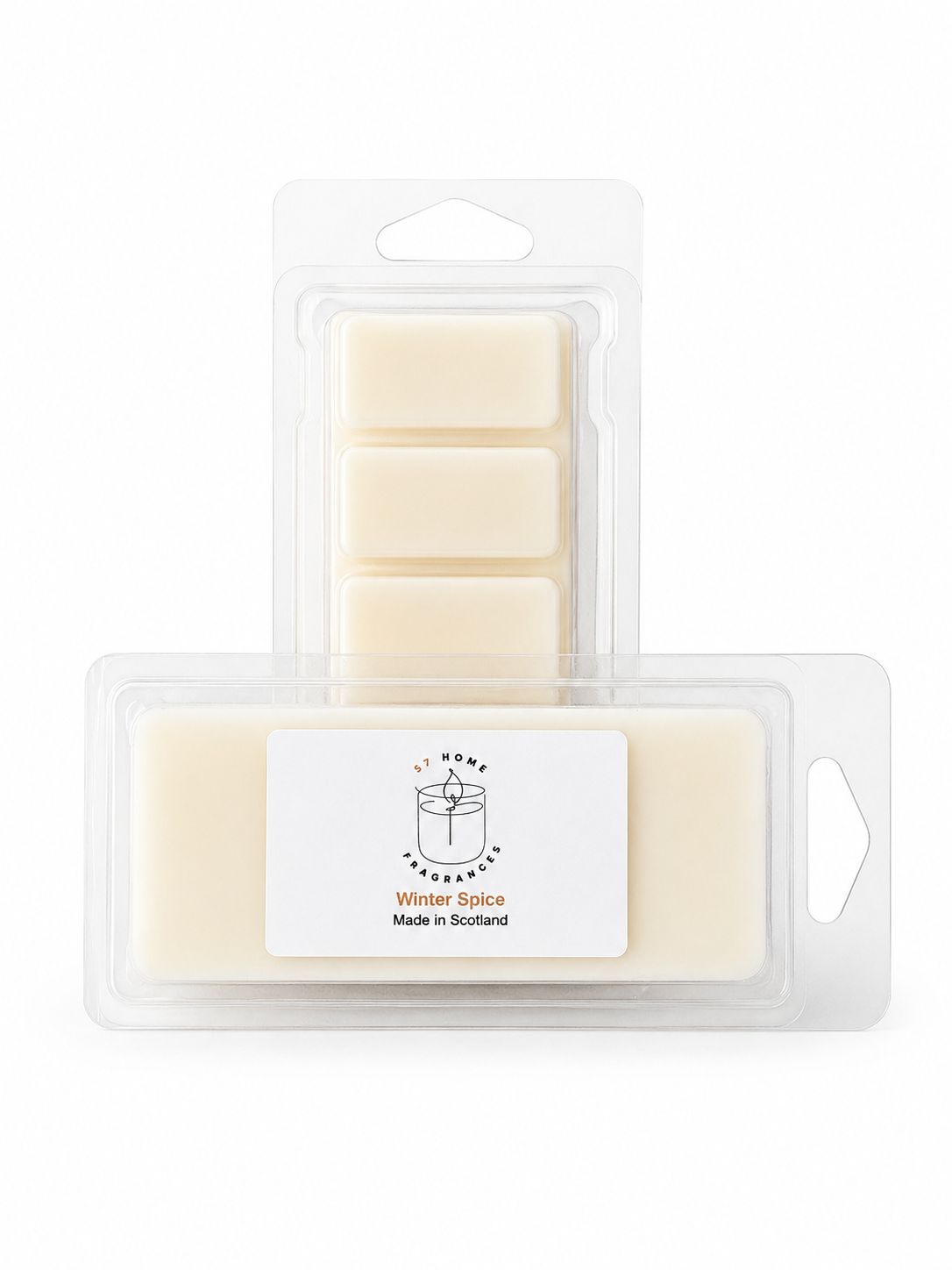 Two wax melts packages in clear plastic clamshell packaging on a white background. The front package is labeled 'S7 Home Fragrances', 'Winter Spice' and 'Made in Scotland' and contains five cream-colored wax blocks.