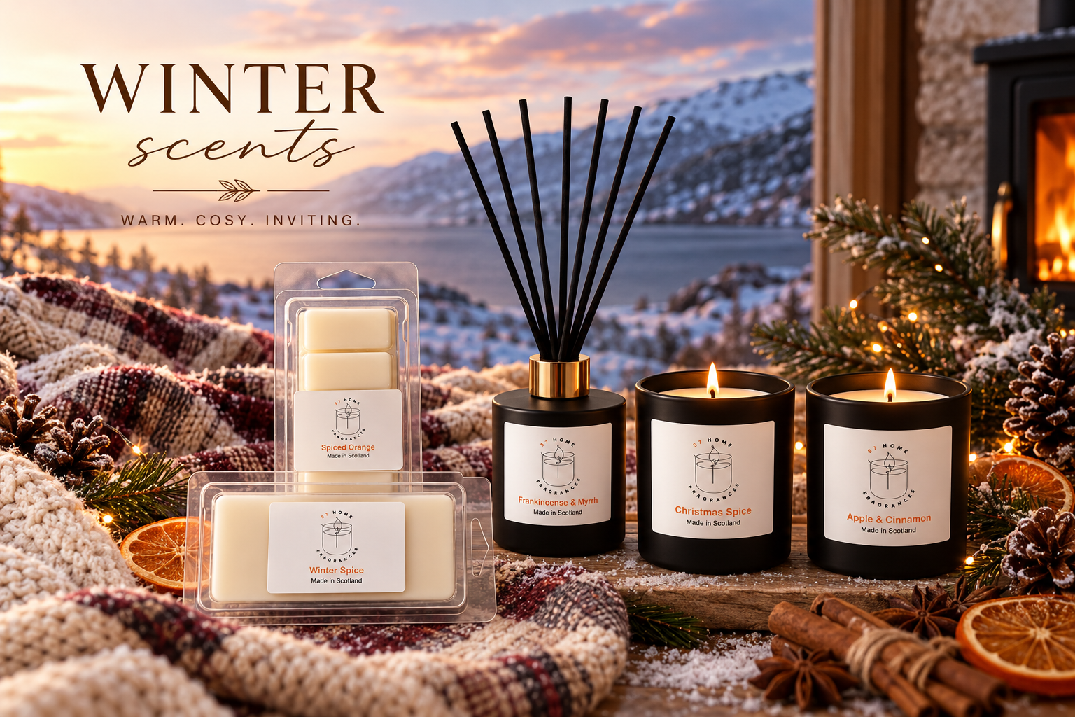 Winter Scents collection by S7 Home Fragrances: a reed diffuser, three black candles (Frankincense & Myrrh, Christmas Spice, Apple & Cinnamon) and Spiced Orange and Winter Spice wax melts, set on a cosy knitted blanket with pine cones and dried oranges beside a log burner, with a snowy Scottish loch view behind.
